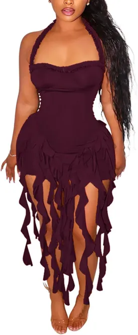 Aro Lora Womens Sexy Halter Neck Sleeveless Ruffle Tassel Party Club Bodycon Mini Dress
