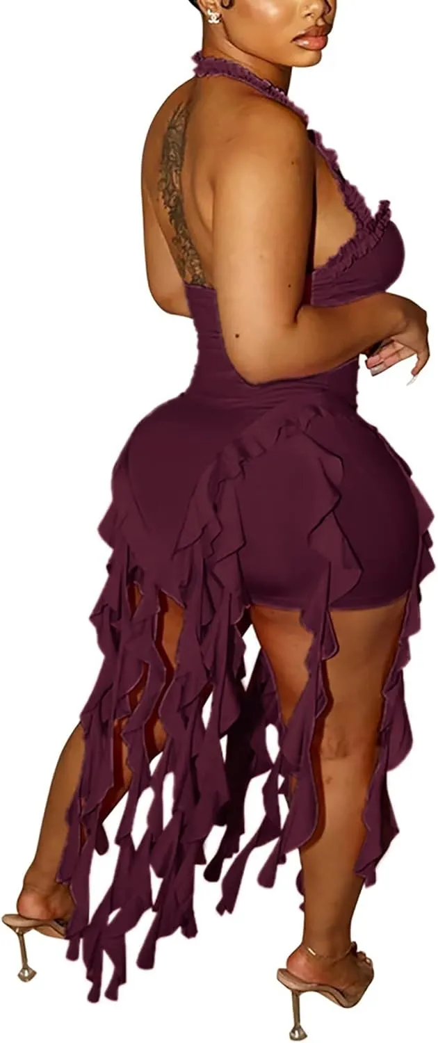 Aro Lora Womens Sexy Halter Neck Sleeveless Ruffle Tassel Party Club Bodycon Mini Dress