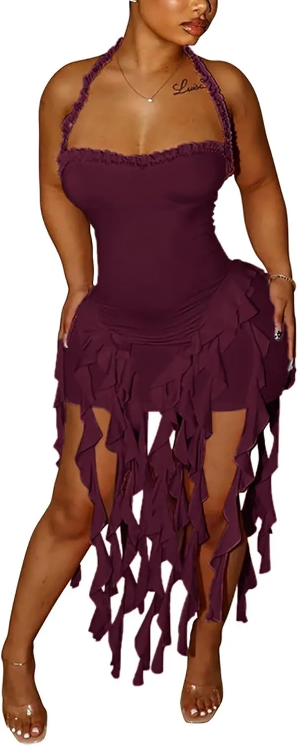 Aro Lora Womens Sexy Halter Neck Sleeveless Ruffle Tassel Party Club Bodycon Mini Dress