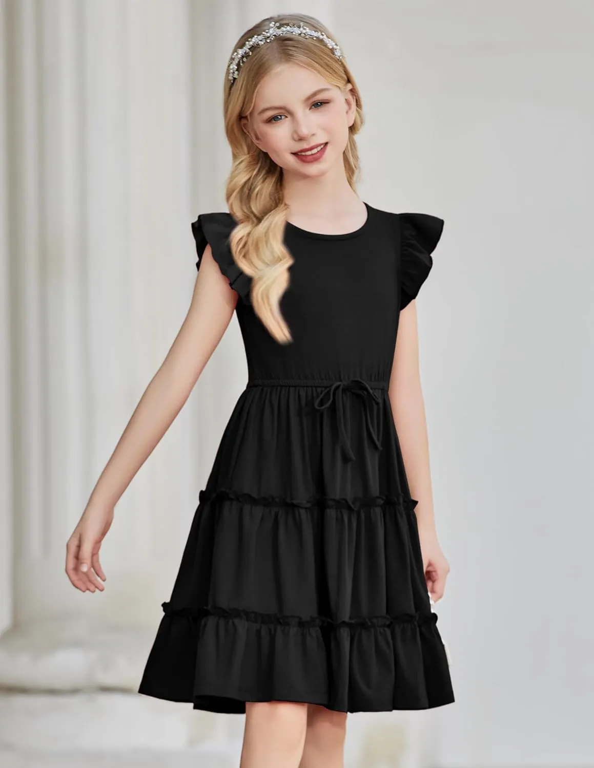 Arshiner Girl's Summer Dress Ruffle Sleeve Tiered Casual Party Dresses with Pockets 5-12 Years