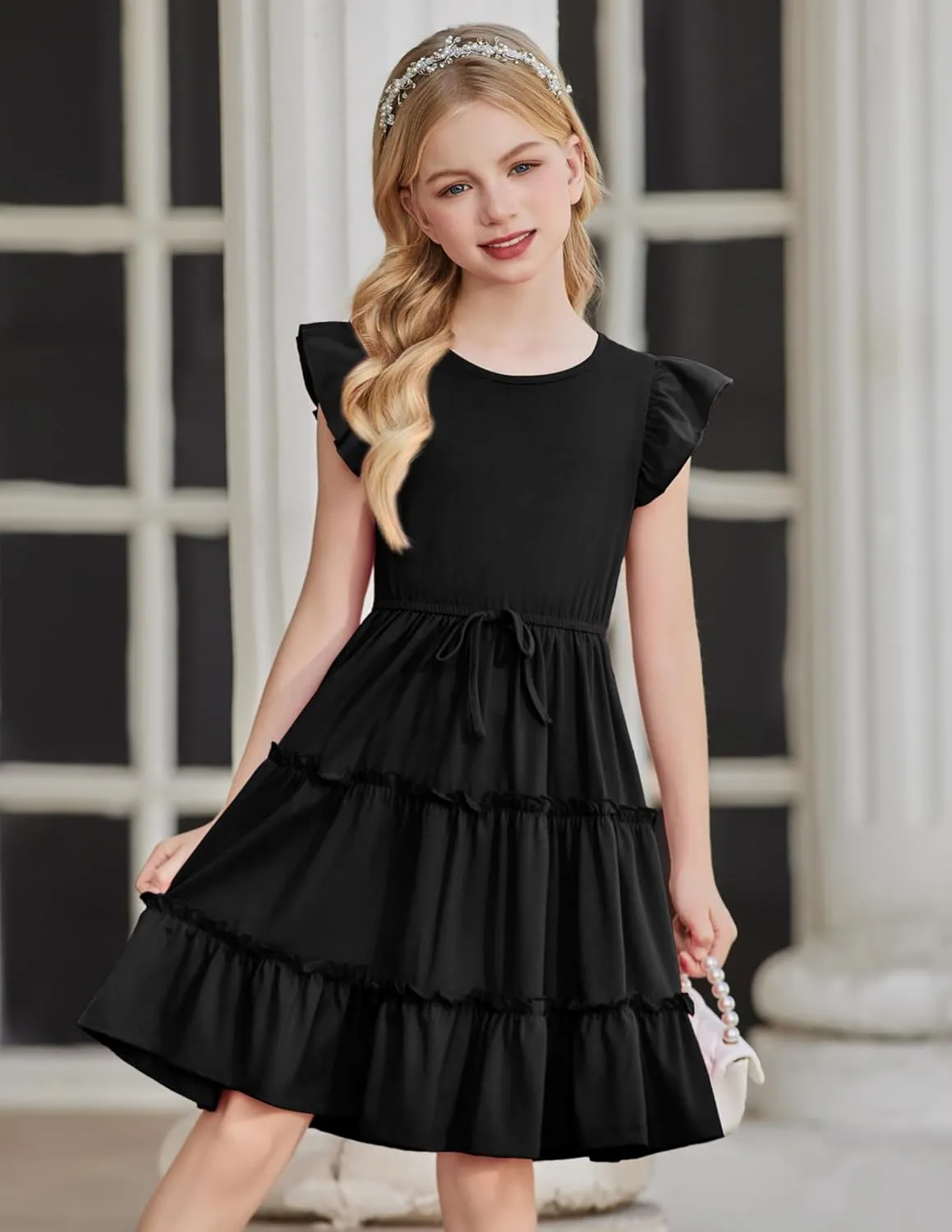 Arshiner Girl's Summer Dress Ruffle Sleeve Tiered Casual Party Dresses with Pockets 5-12 Years