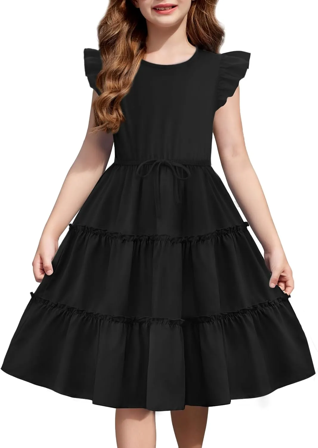 Arshiner Girl's Summer Dress Ruffle Sleeve Tiered Casual Party Dresses with Pockets 5-12 Years
