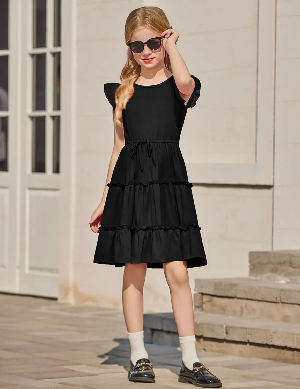 Arshiner Girl's Summer Dress Ruffle Sleeve Tiered Casual Party Dresses with Pockets 5-12 Years