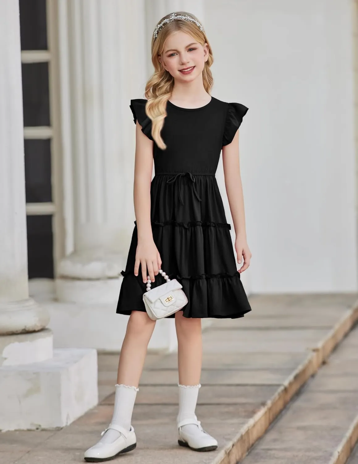 Arshiner Girl's Summer Dress Ruffle Sleeve Tiered Casual Party Dresses with Pockets 5-12 Years