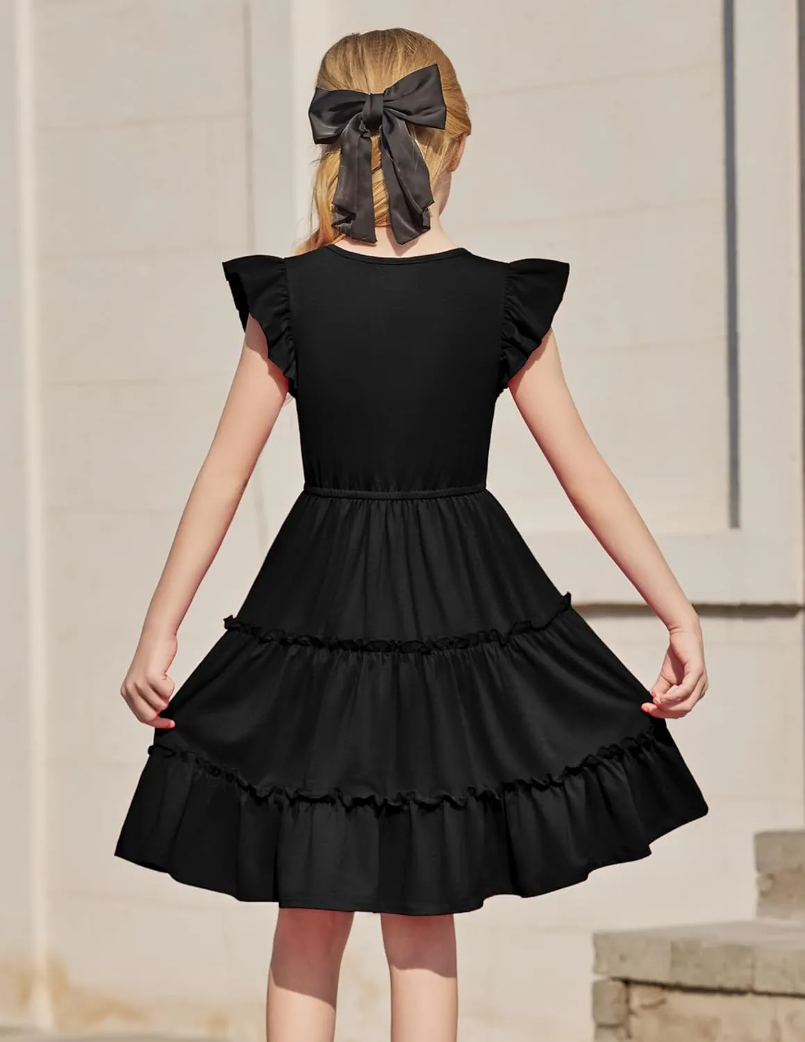 Arshiner Girl's Summer Dress Ruffle Sleeve Tiered Casual Party Dresses with Pockets 5-12 Years