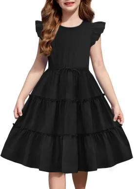 Arshiner Girl's Summer Dress Ruffle Sleeve Tiered Casual Party Dresses with Pockets 5-12 Years
