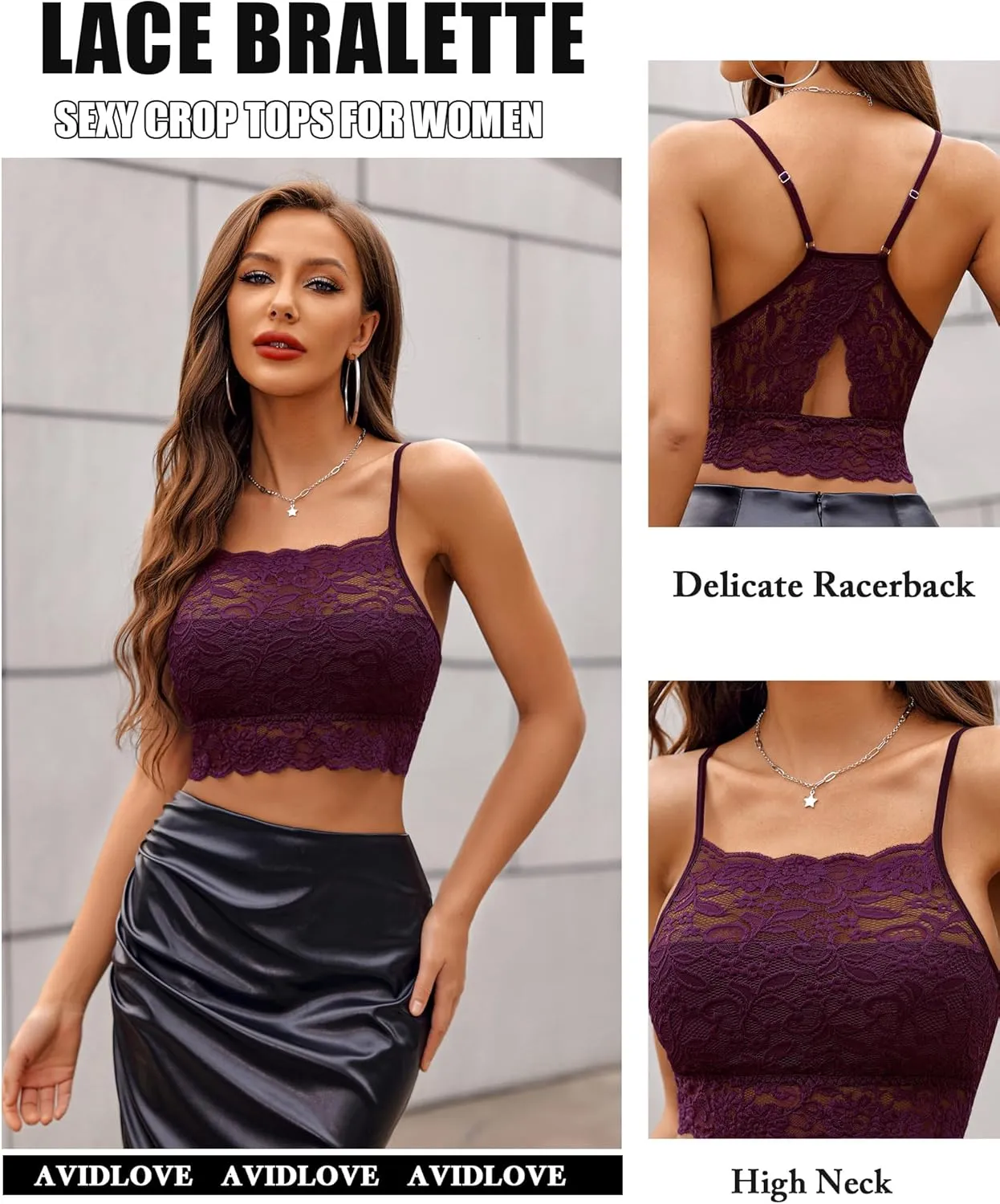 Avidlove Lace Bralette for Women High Neck Camisoles Racerback Double-Layered Crop Top