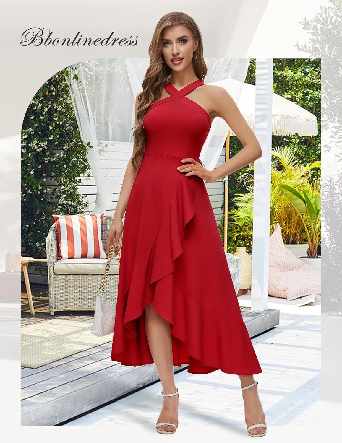 Bbonlinedress Halter Cocktail Women Dresses Prom Formal Wedding Bridesmaid Dress Ruffled Maxi Hi-Lo Evening Party 2025 Dress