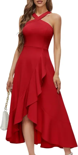 Bbonlinedress Halter Cocktail Women Dresses Prom Formal Wedding Bridesmaid Dress Ruffled Maxi Hi-Lo Evening Party 2025 Dress