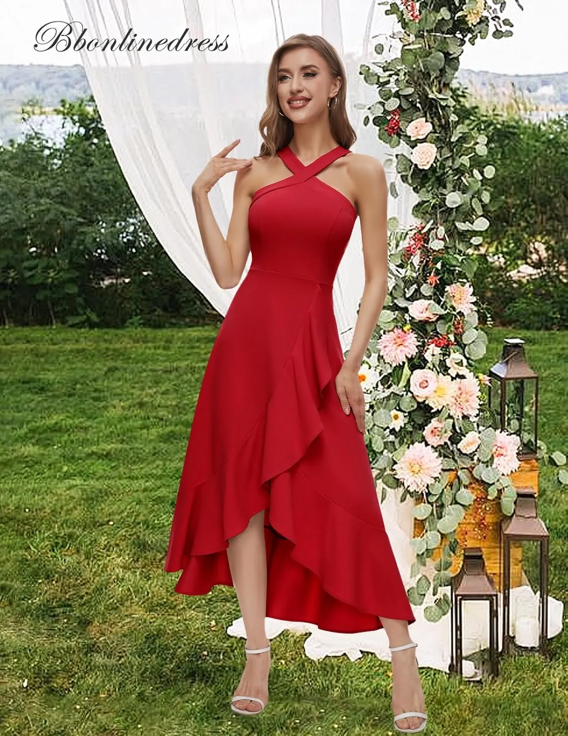 Bbonlinedress Halter Cocktail Women Dresses Prom Formal Wedding Bridesmaid Dress Ruffled Maxi Hi-Lo Evening Party 2025 Dress