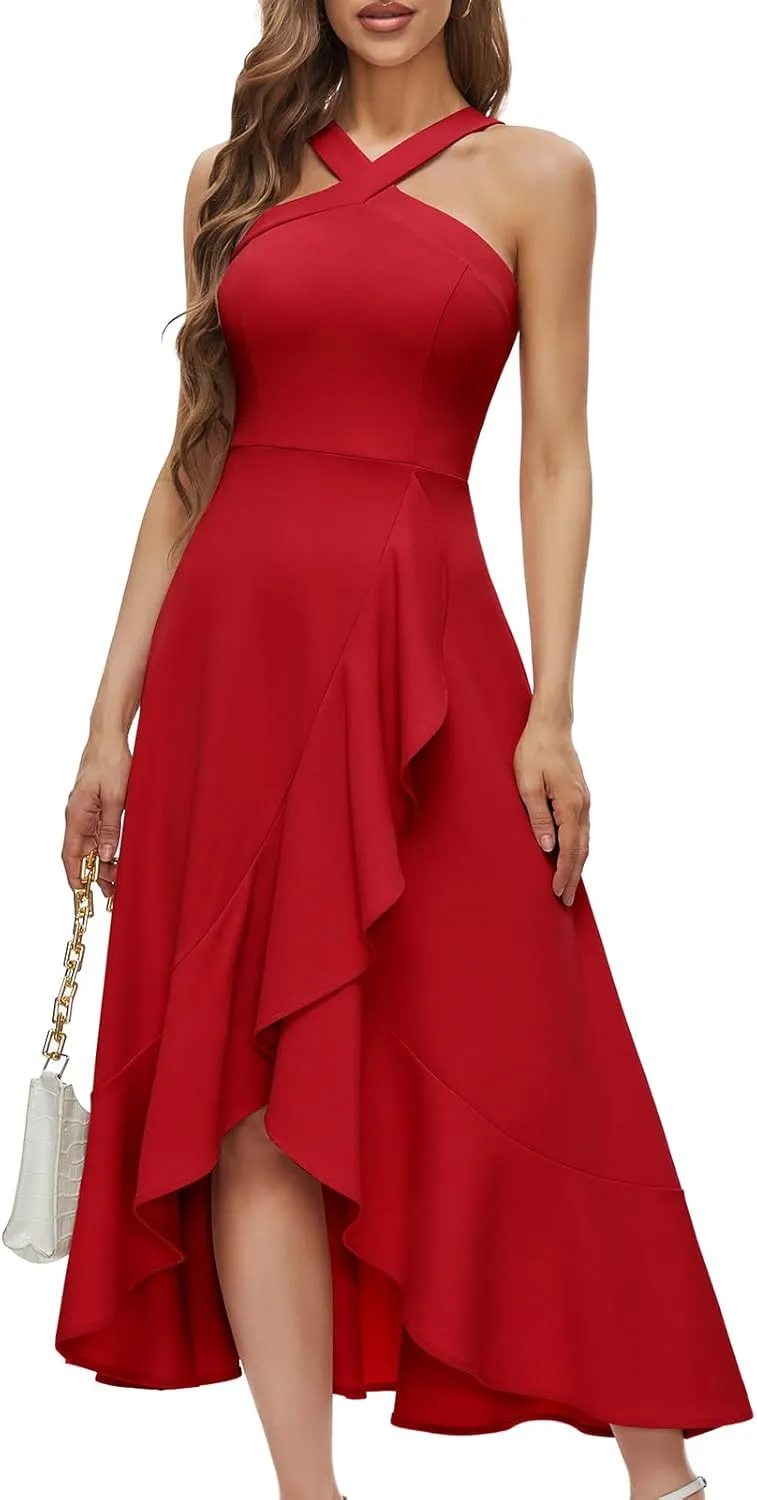 Bbonlinedress Halter Cocktail Women Dresses Prom Formal Wedding Bridesmaid Dress Ruffled Maxi Hi-Lo Evening Party 2025 Dress