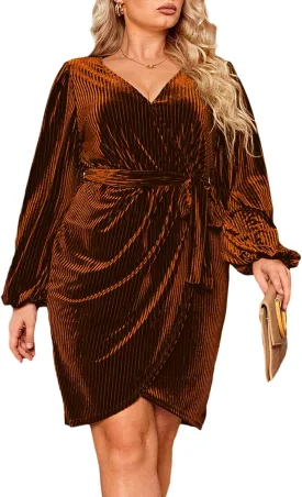BerryGo Women's Plus Size Long Sleeve Wrap Semi Formal Velvet Mini Dress Sexy Cocktail Party Winter Club Dress