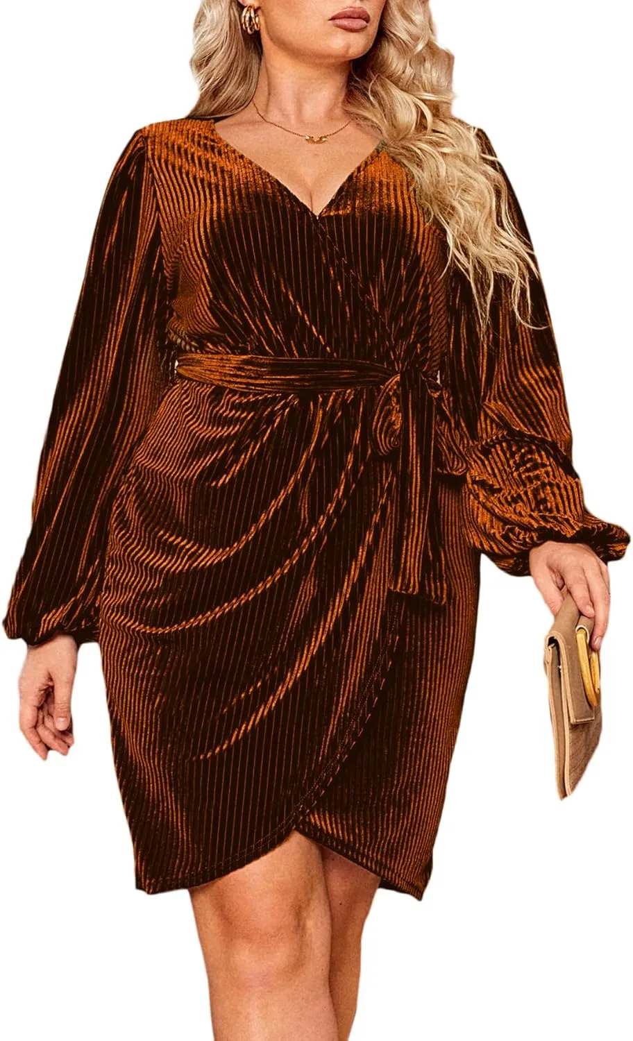BerryGo Women's Plus Size Long Sleeve Wrap Semi Formal Velvet Mini Dress Sexy Cocktail Party Winter Club Dress