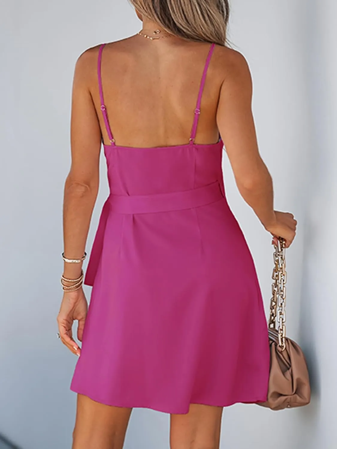 CUPSHE Women Backless Mini Summer Dress Surplice V Neck Wrap Side Waist Tie Spaghetti Strap Casual Holiday Beach Dresses