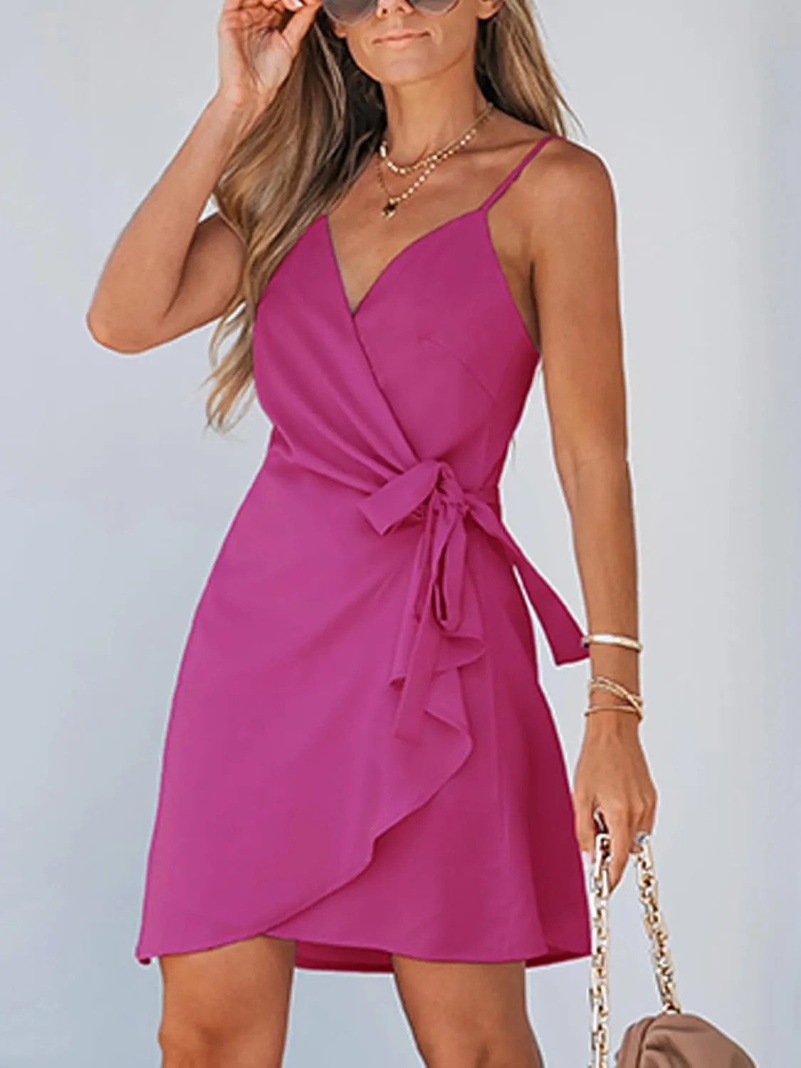 CUPSHE Women Backless Mini Summer Dress Surplice V Neck Wrap Side Waist Tie Spaghetti Strap Casual Holiday Beach Dresses