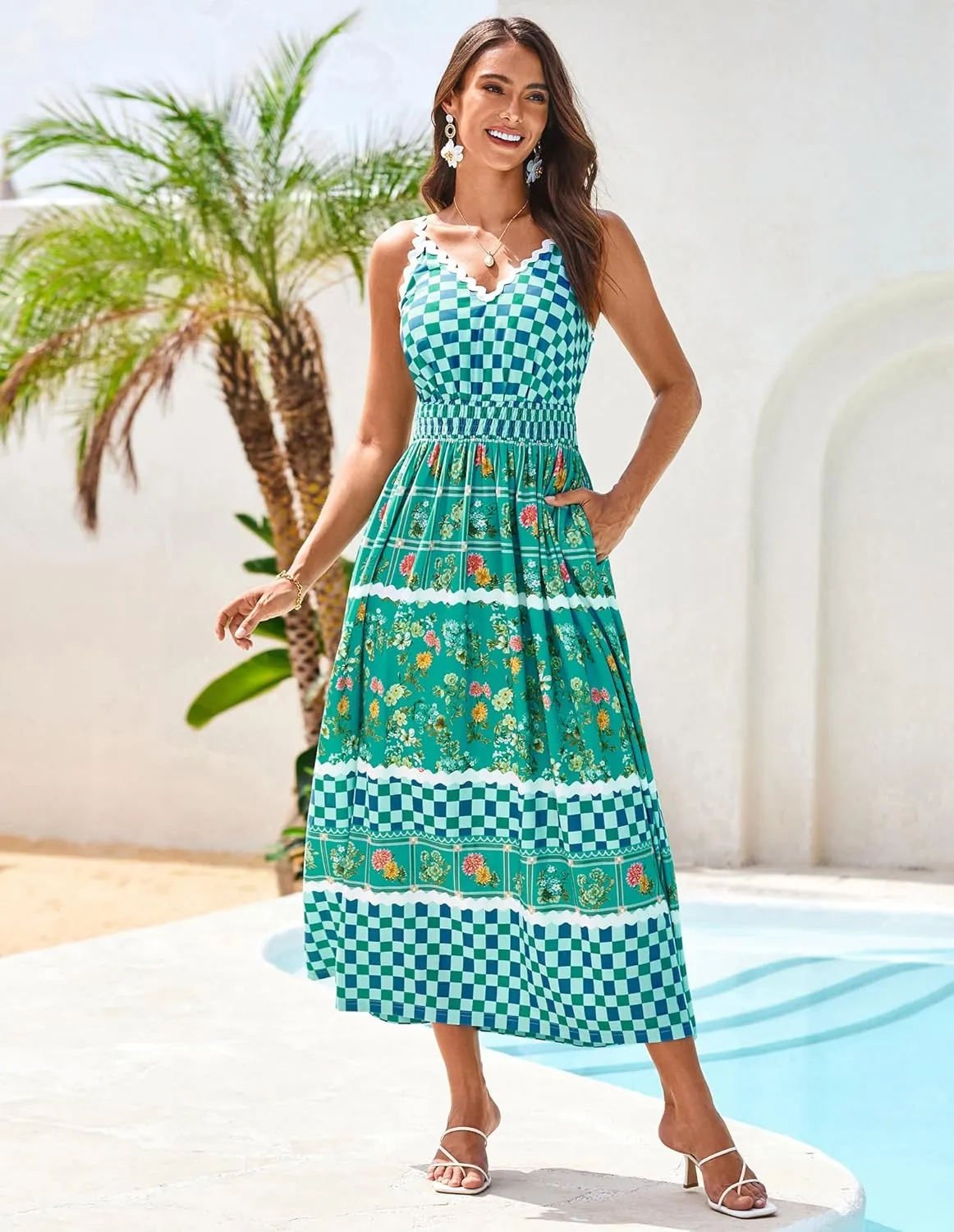 GRACE KARIN Women Summer Boho Dress 2025 Spaghetti Strap V Neck Smocked Ruffle Flowy Beach Maxi Dress with Pockets