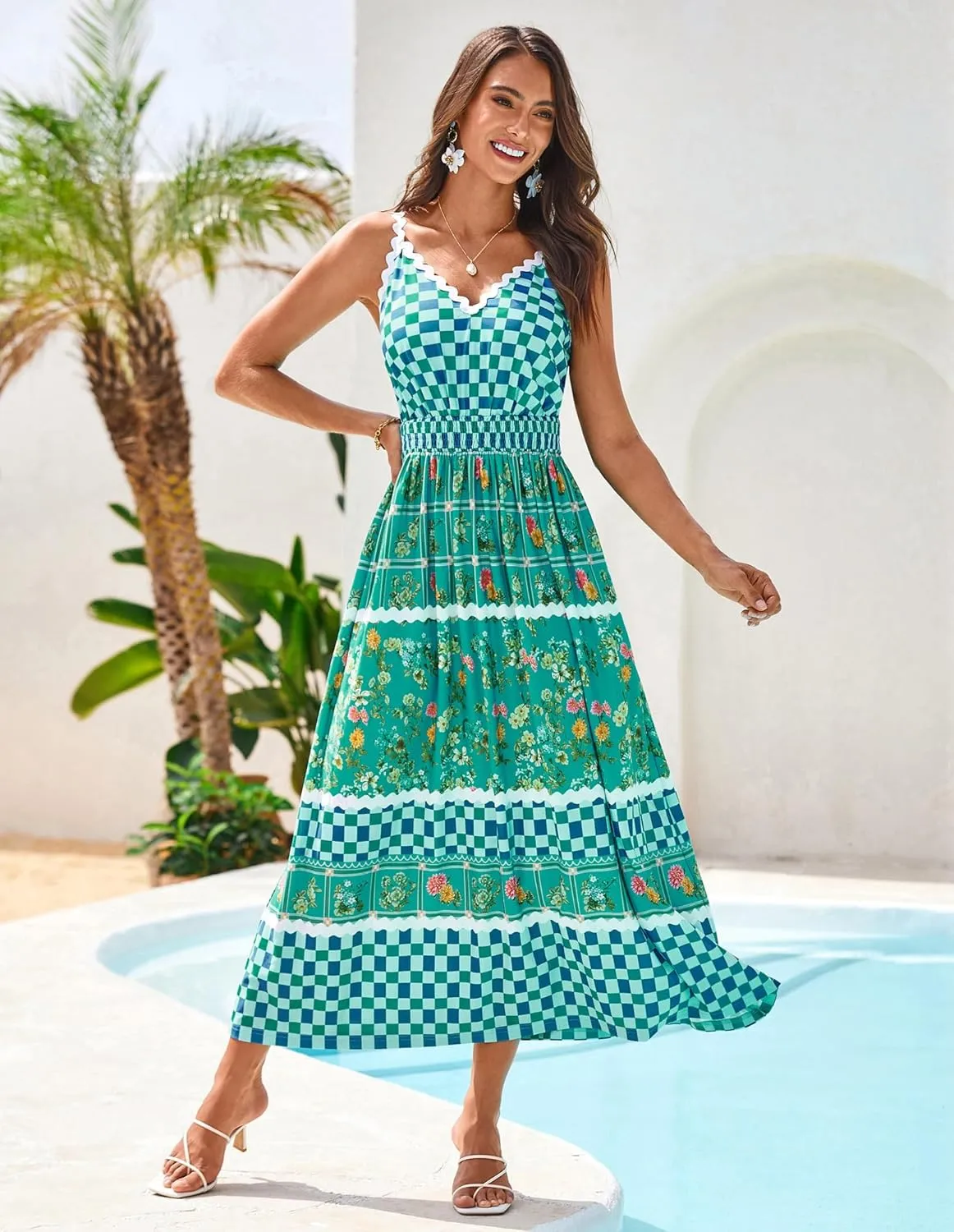 GRACE KARIN Women Summer Boho Dress 2025 Spaghetti Strap V Neck Smocked Ruffle Flowy Beach Maxi Dress with Pockets