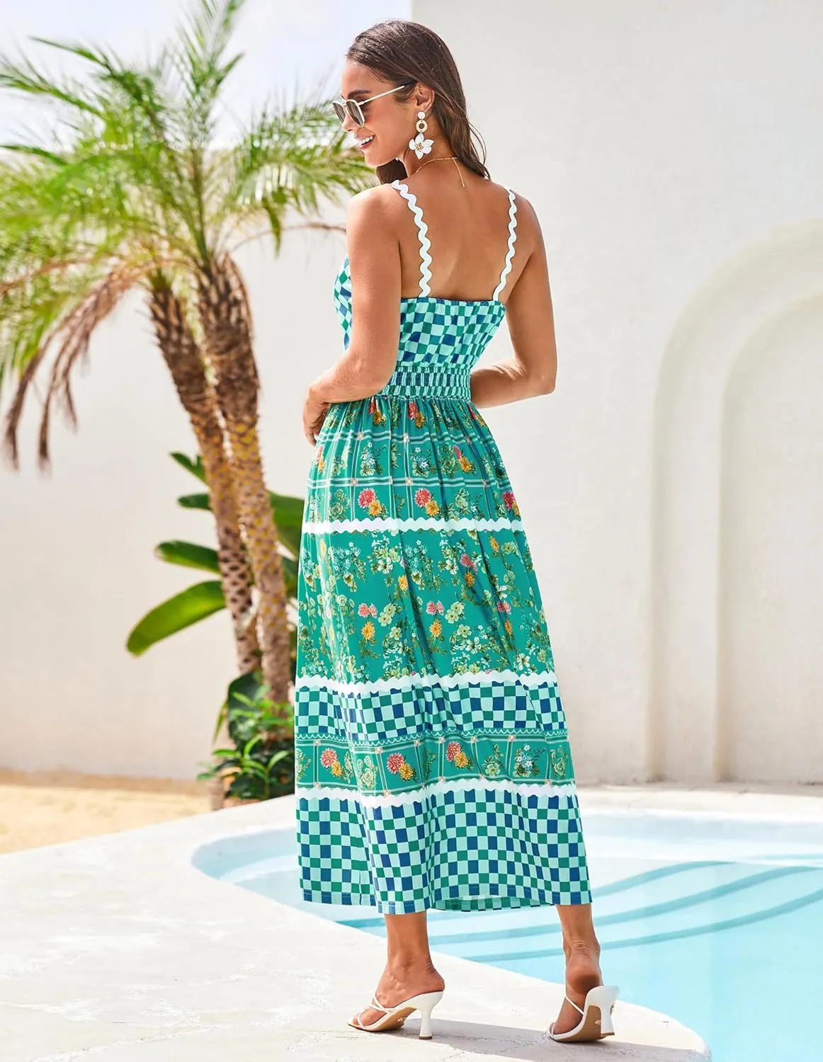 GRACE KARIN Women Summer Boho Dress 2025 Spaghetti Strap V Neck Smocked Ruffle Flowy Beach Maxi Dress with Pockets