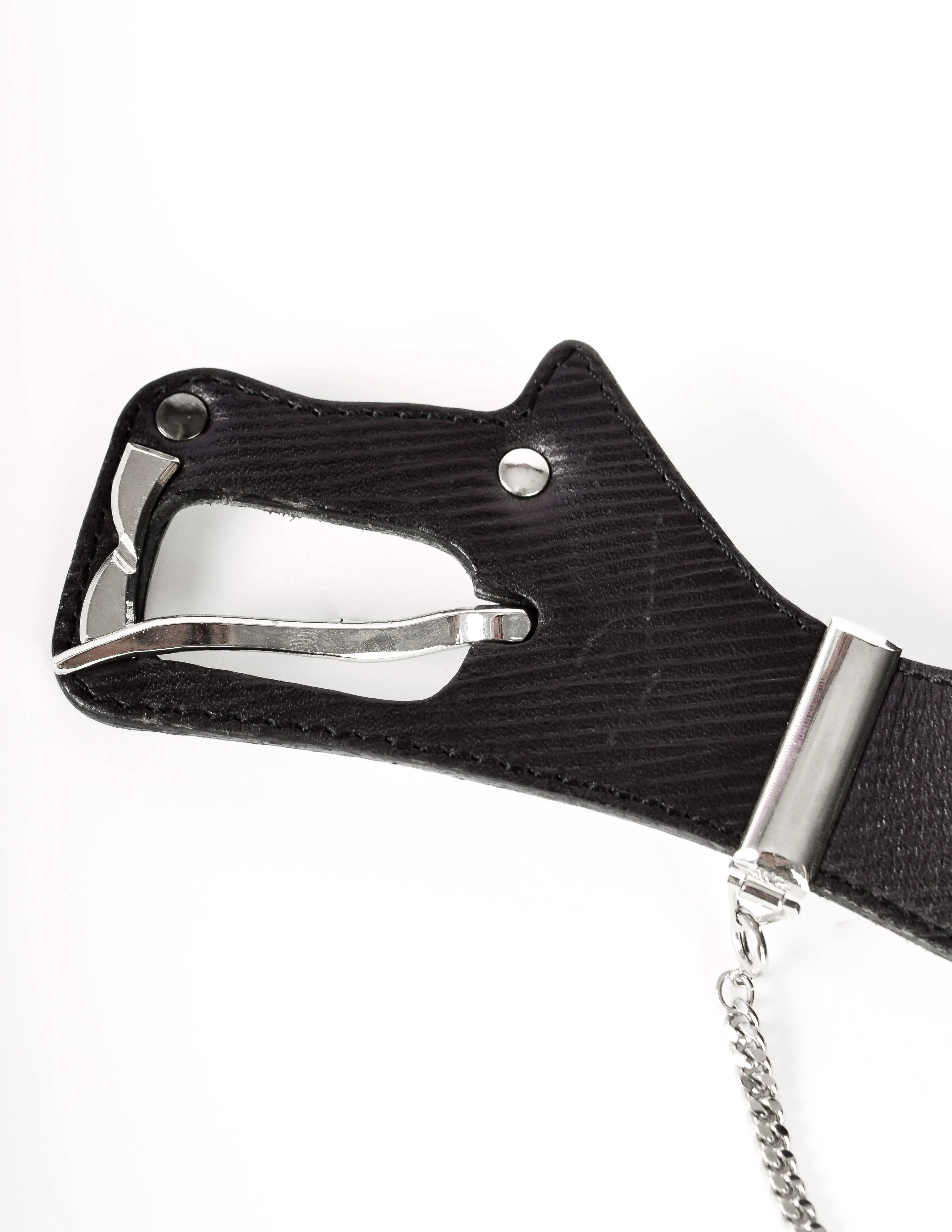 Issey Miyake Vintage Black Leather Silver Chain Dragon Belt