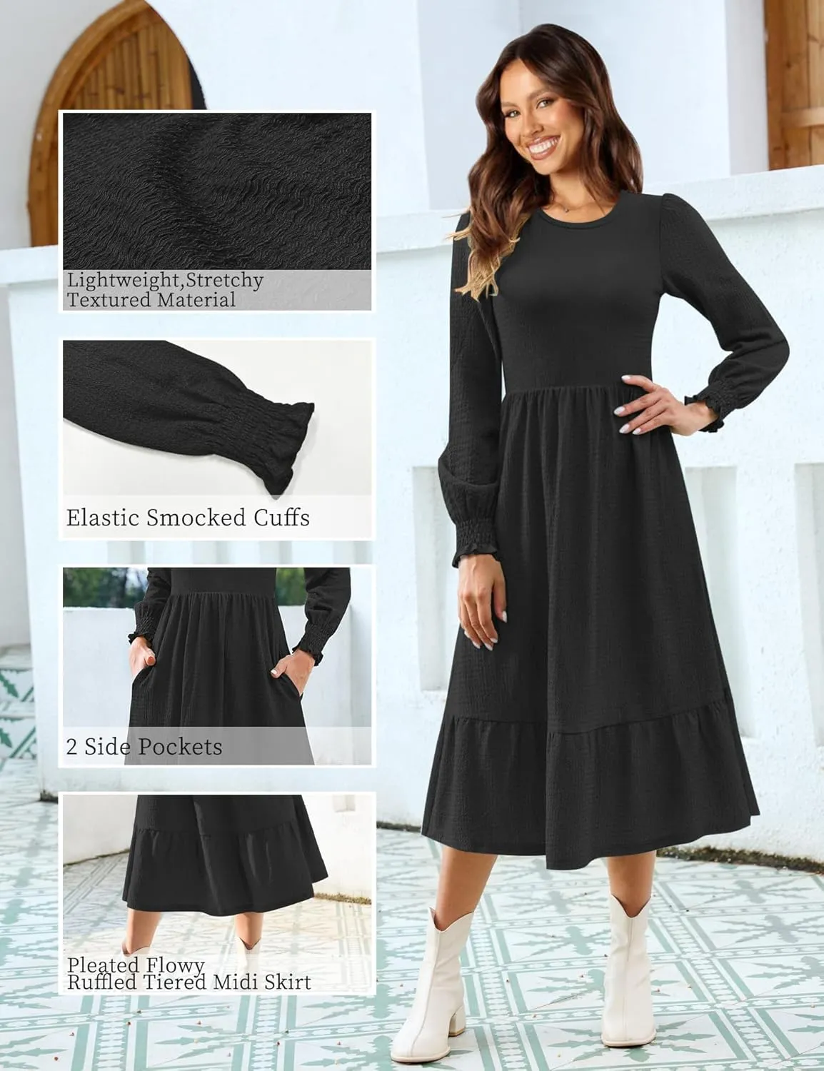 Kranda Women 2025 Fall Spring Long Sleeve Crewneck Causal Flowy Pleated Tiered A-Line Wedding Party Midi Dresses with Pockets