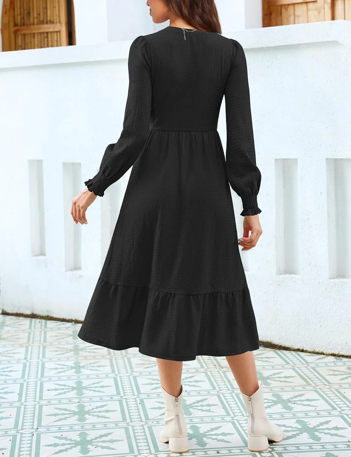 Kranda Women 2025 Fall Spring Long Sleeve Crewneck Causal Flowy Pleated Tiered A-Line Wedding Party Midi Dresses with Pockets