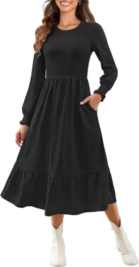 Kranda Women 2025 Fall Spring Long Sleeve Crewneck Causal Flowy Pleated Tiered A-Line Wedding Party Midi Dresses with Pockets
