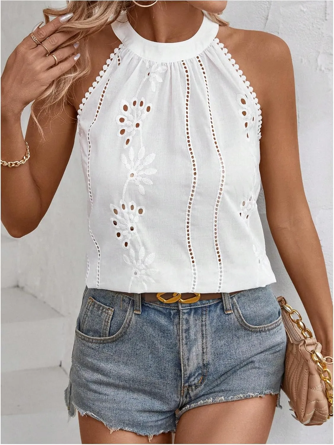 MakeMeChic Women's Eyelet Embroidery Lace Trim Sleeveless Halter Blouse Summer Shirt Tops