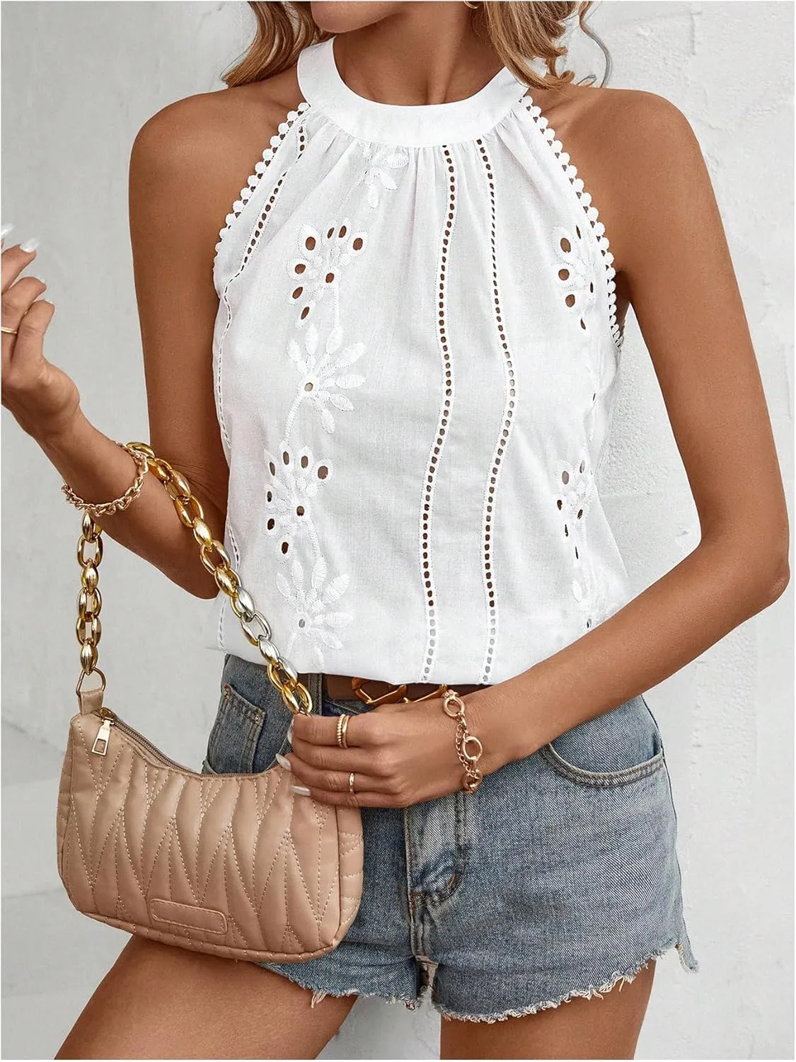 MakeMeChic Women's Eyelet Embroidery Lace Trim Sleeveless Halter Blouse Summer Shirt Tops