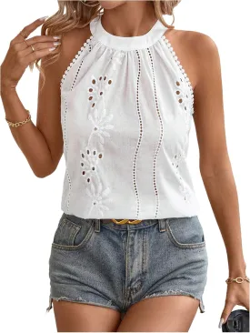 MakeMeChic Women's Eyelet Embroidery Lace Trim Sleeveless Halter Blouse Summer Shirt Tops