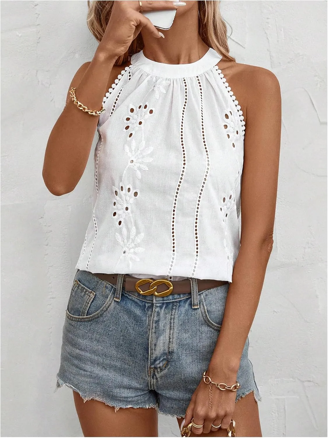 MakeMeChic Women's Eyelet Embroidery Lace Trim Sleeveless Halter Blouse Summer Shirt Tops