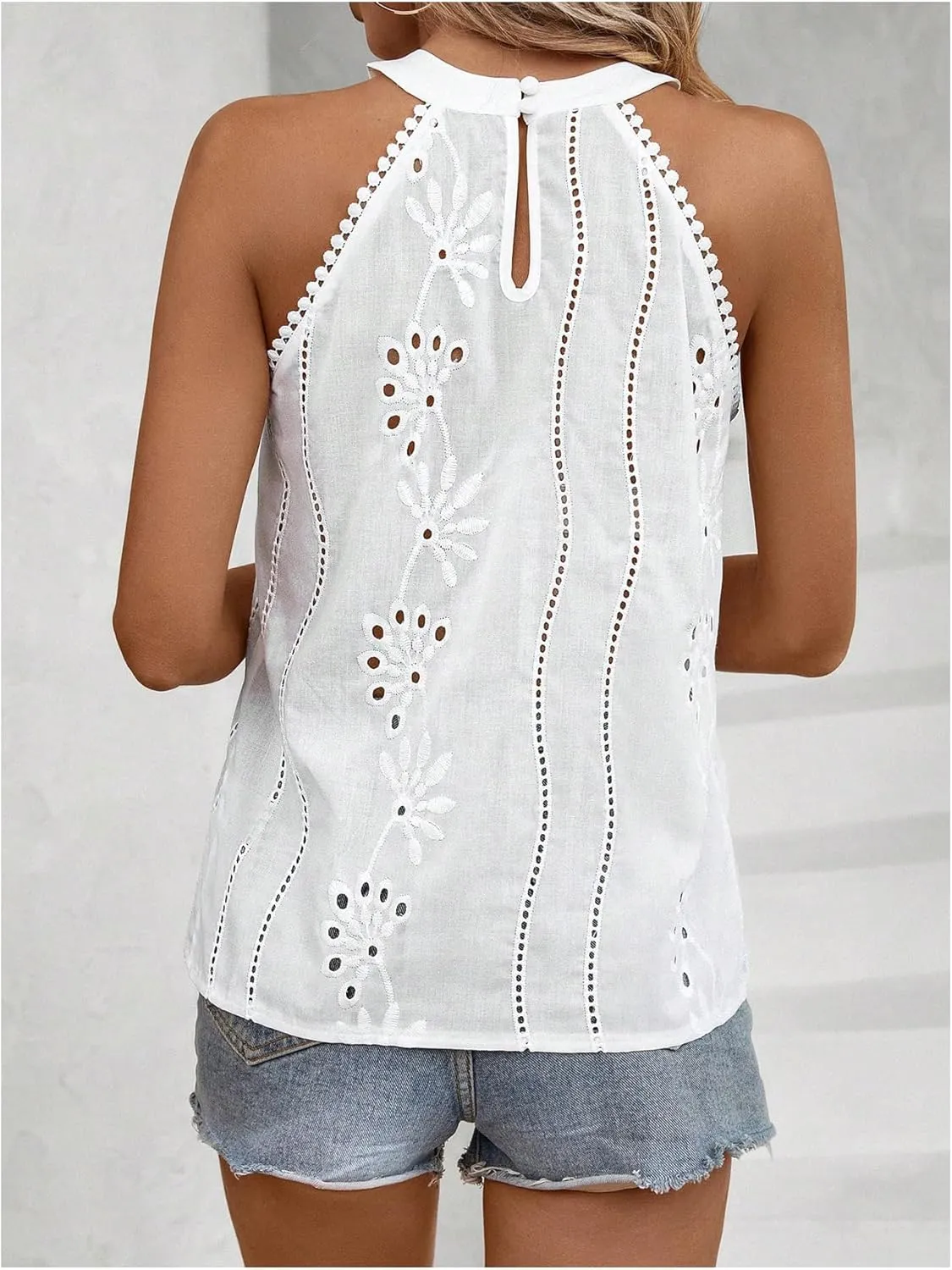 MakeMeChic Women's Eyelet Embroidery Lace Trim Sleeveless Halter Blouse Summer Shirt Tops