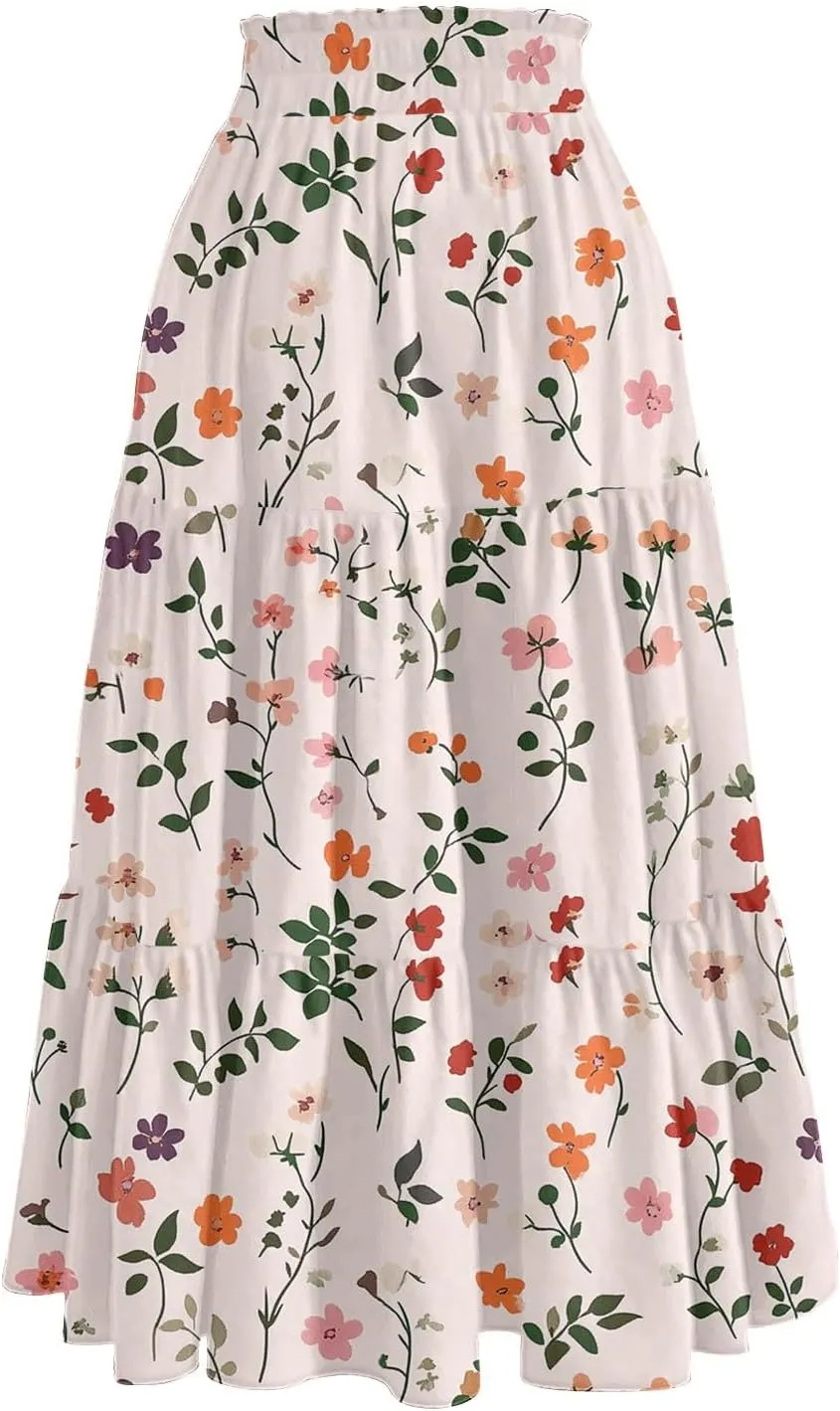 Midi Skirts for Women 2025 High Elastic Waisted Tiered Ruffle Skirt Flowy A Line Boho Floral Skirts Skorts with Pockets