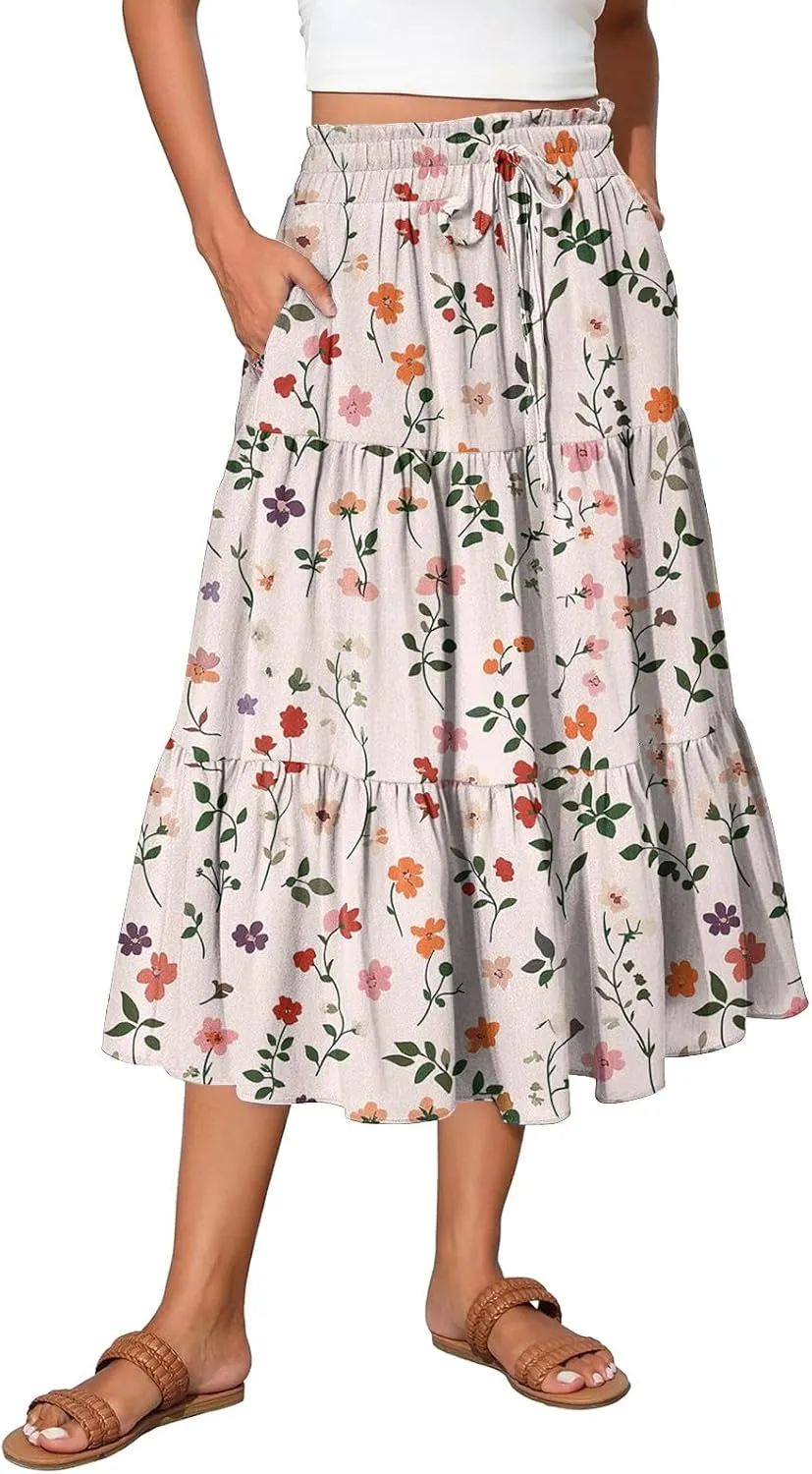 Midi Skirts for Women 2025 High Elastic Waisted Tiered Ruffle Skirt Flowy A Line Boho Floral Skirts Skorts with Pockets