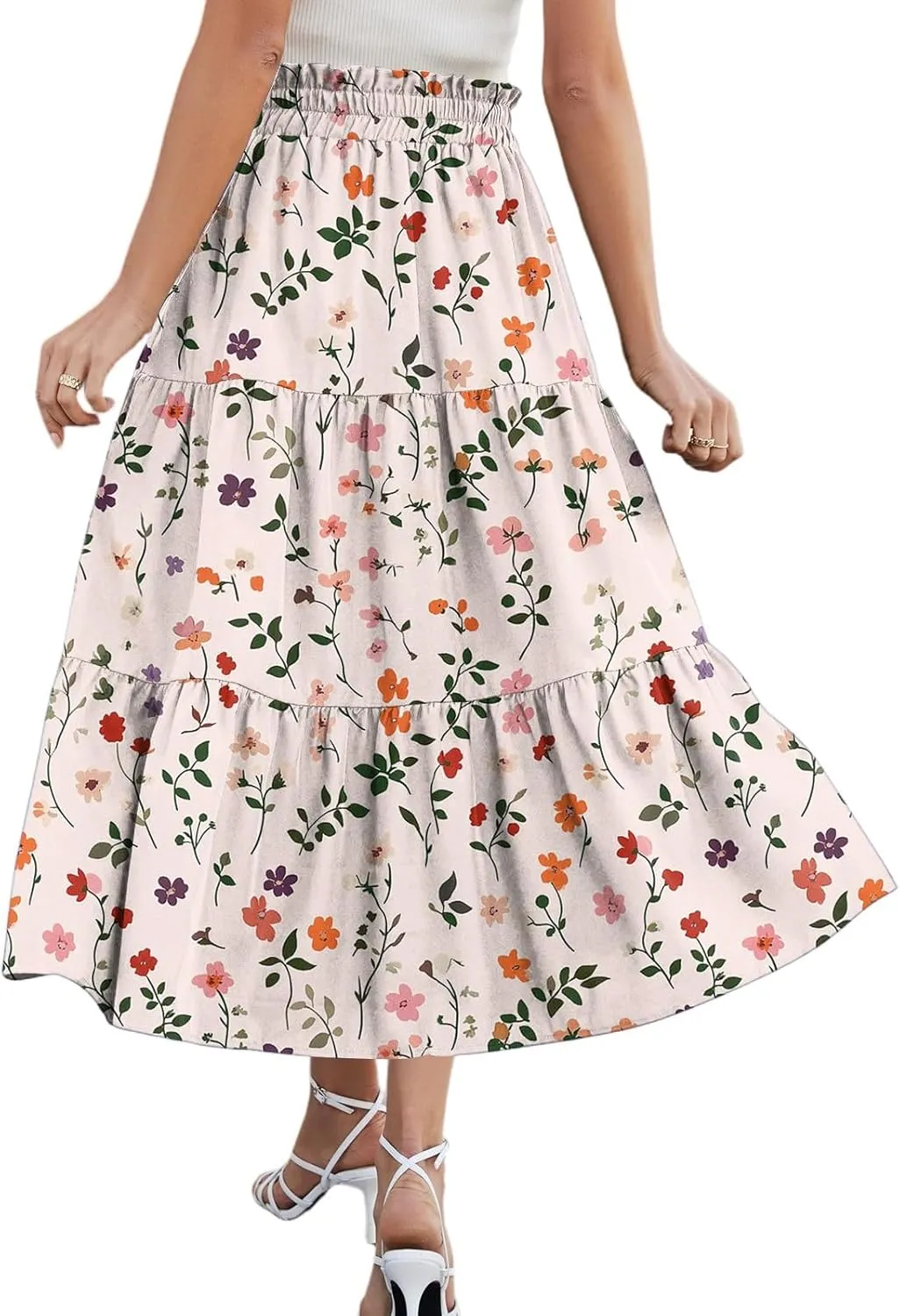 Midi Skirts for Women 2025 High Elastic Waisted Tiered Ruffle Skirt Flowy A Line Boho Floral Skirts Skorts with Pockets