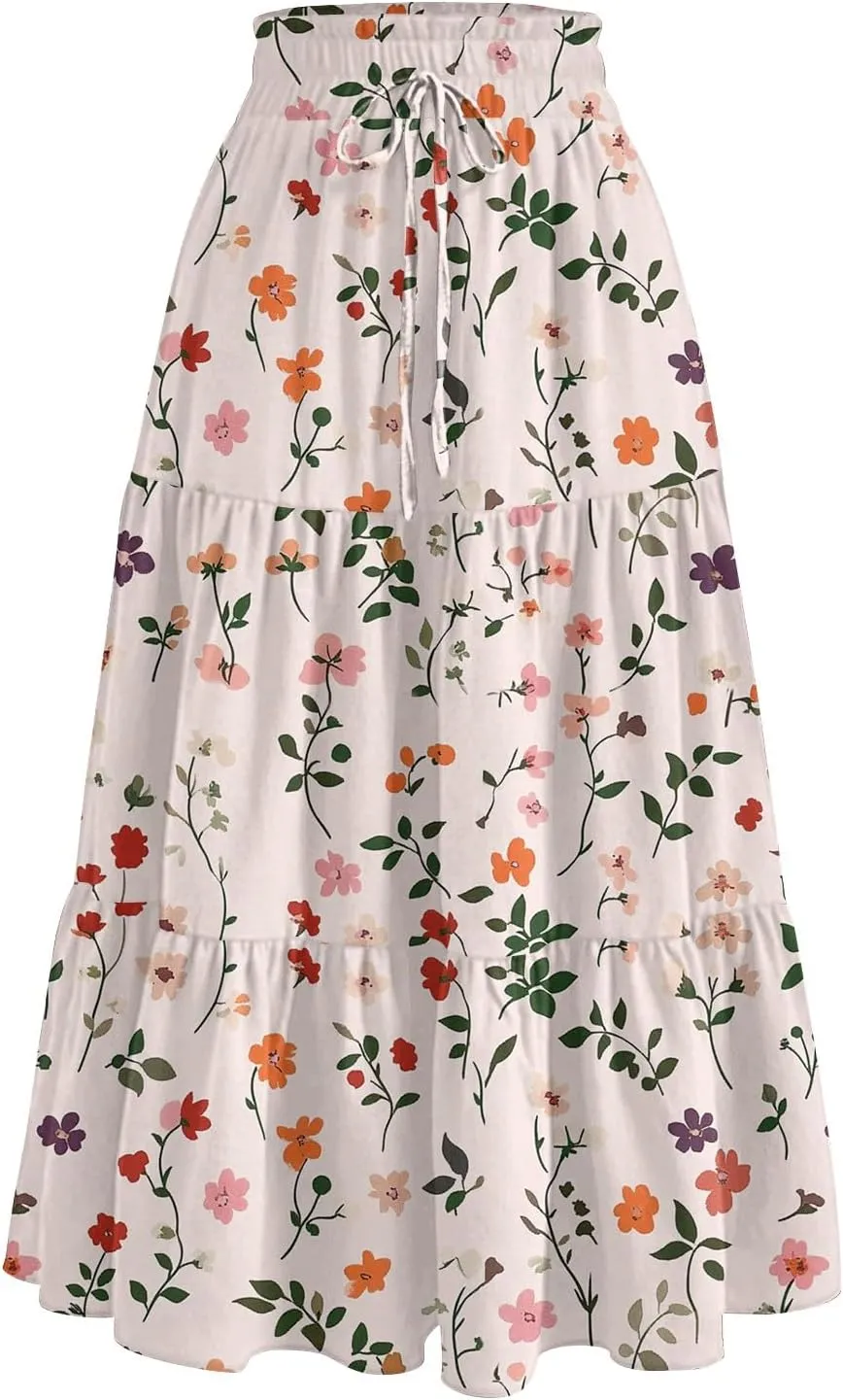 Midi Skirts for Women 2025 High Elastic Waisted Tiered Ruffle Skirt Flowy A Line Boho Floral Skirts Skorts with Pockets