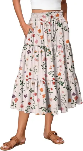 Midi Skirts for Women 2025 High Elastic Waisted Tiered Ruffle Skirt Flowy A Line Boho Floral Skirts Skorts with Pockets