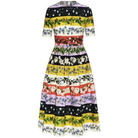 Printing Colorblock Dresses For Women Round Neck Short Sleeve Patchwork Folds Tunic Vintage Slimming Dress Female