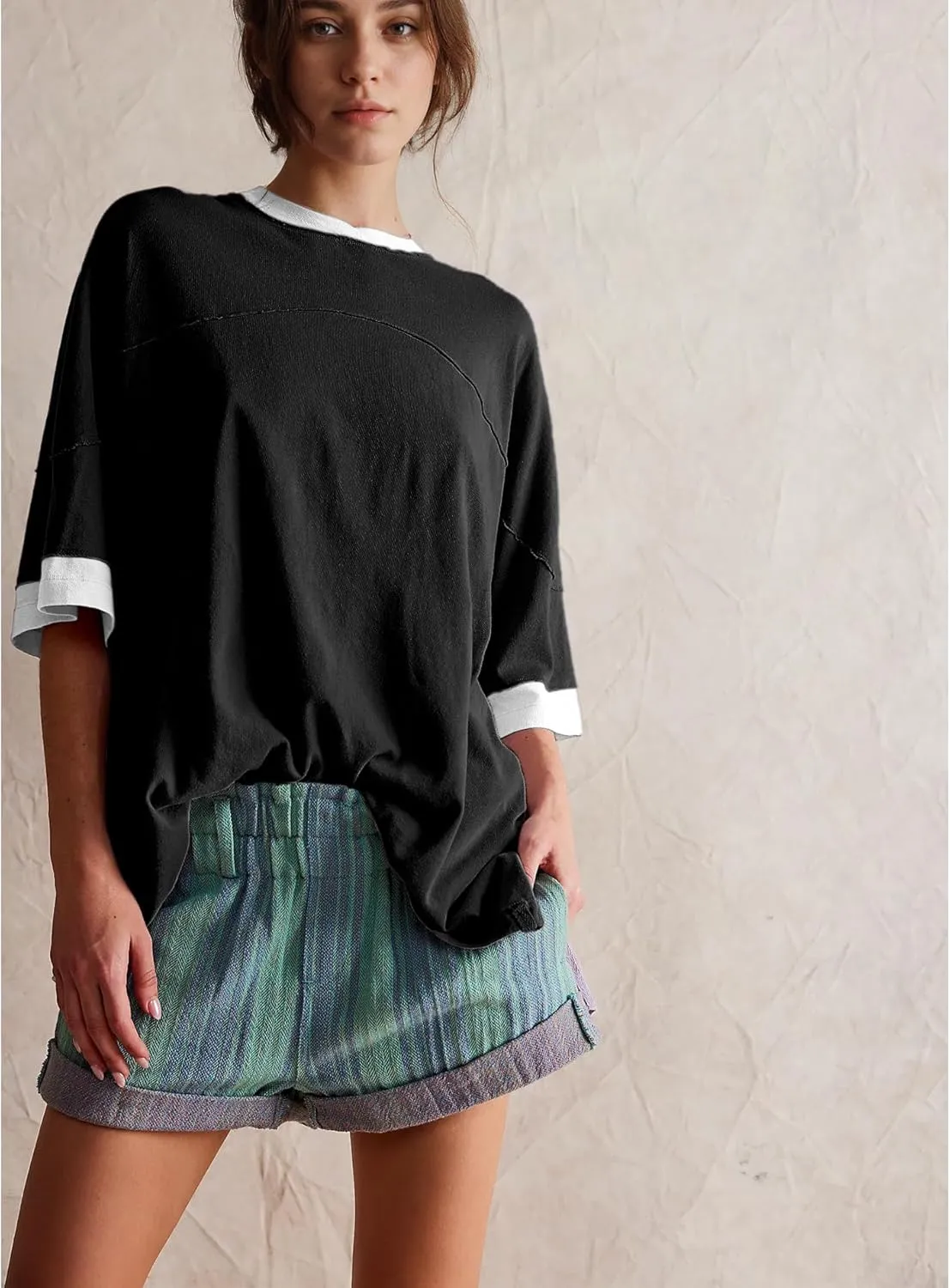 Songling Womens 3/4 Length Sleeve Casual Loose Fit Summer Tee Shirt Basics Cotton t Shirts Trendy Tops