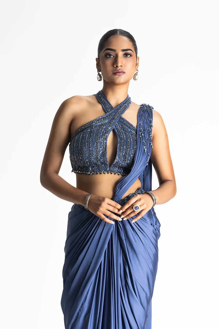 STONE BLUE PRE-DRAPED SATIN SAREE