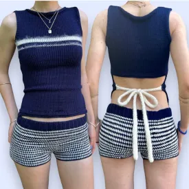 The Blueberry Set - matching striped crochet shorts and bow tie up knit vest top