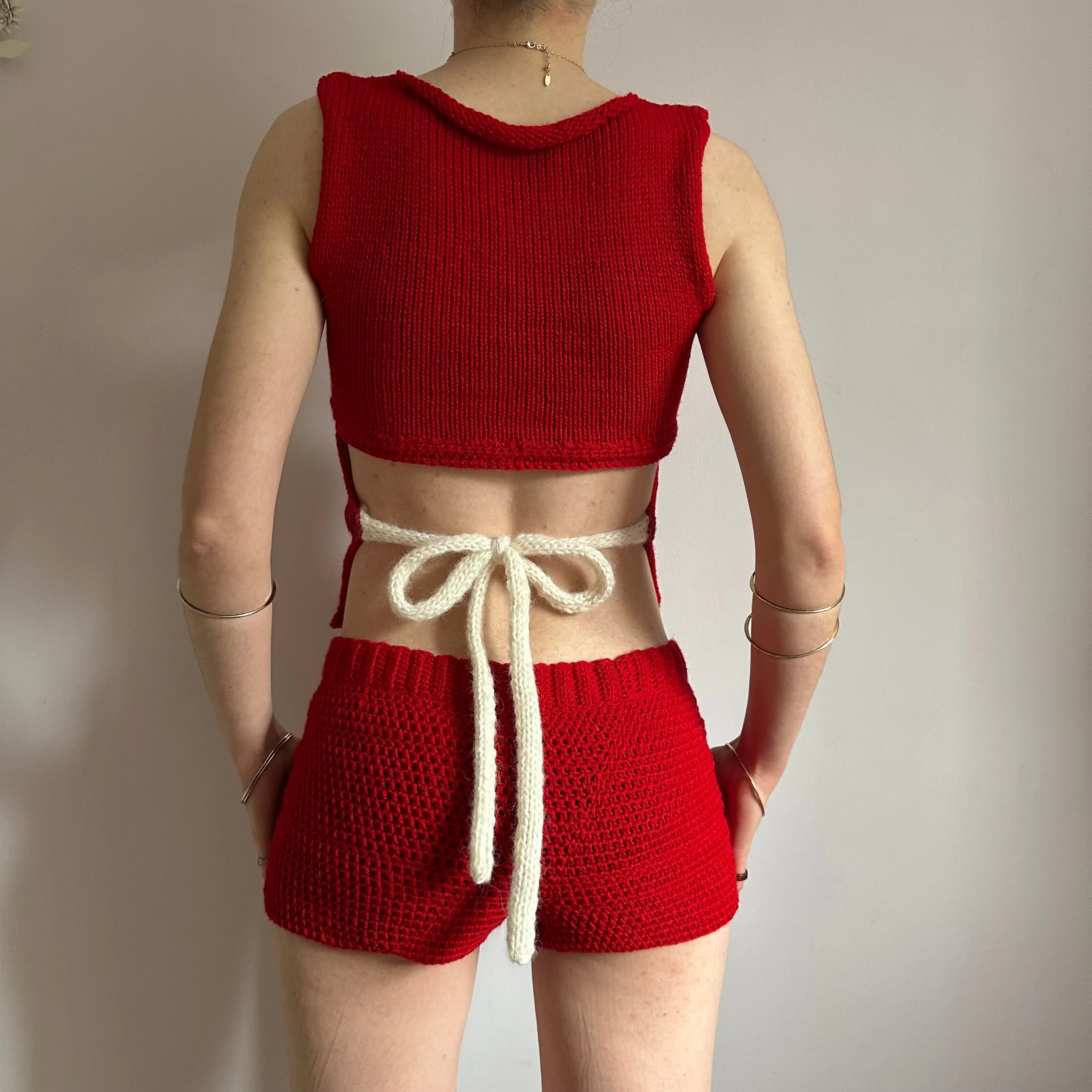 The Red Set - matching crochet shorts and bow tie up knit vest top