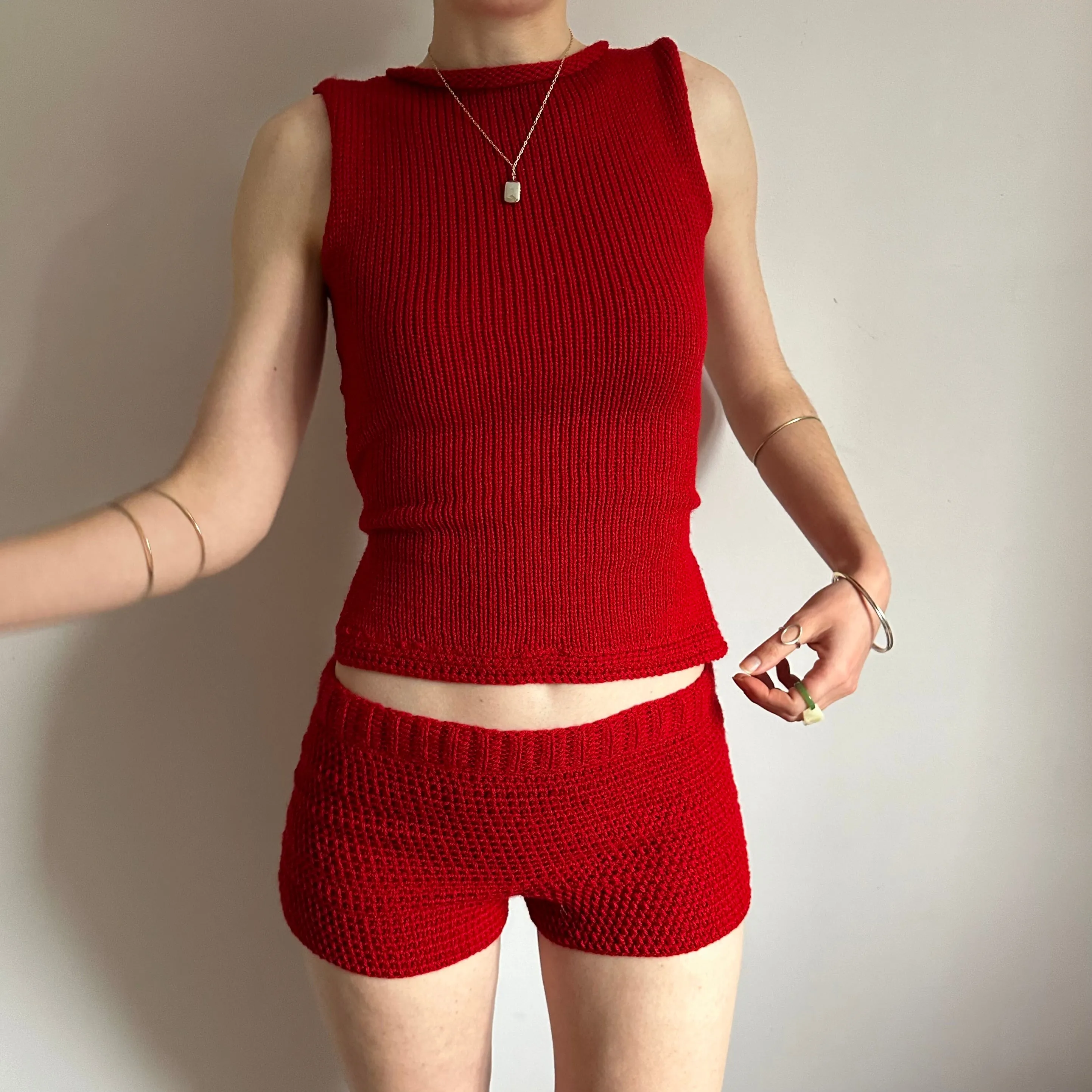 The Red Set - matching crochet shorts and bow tie up knit vest top