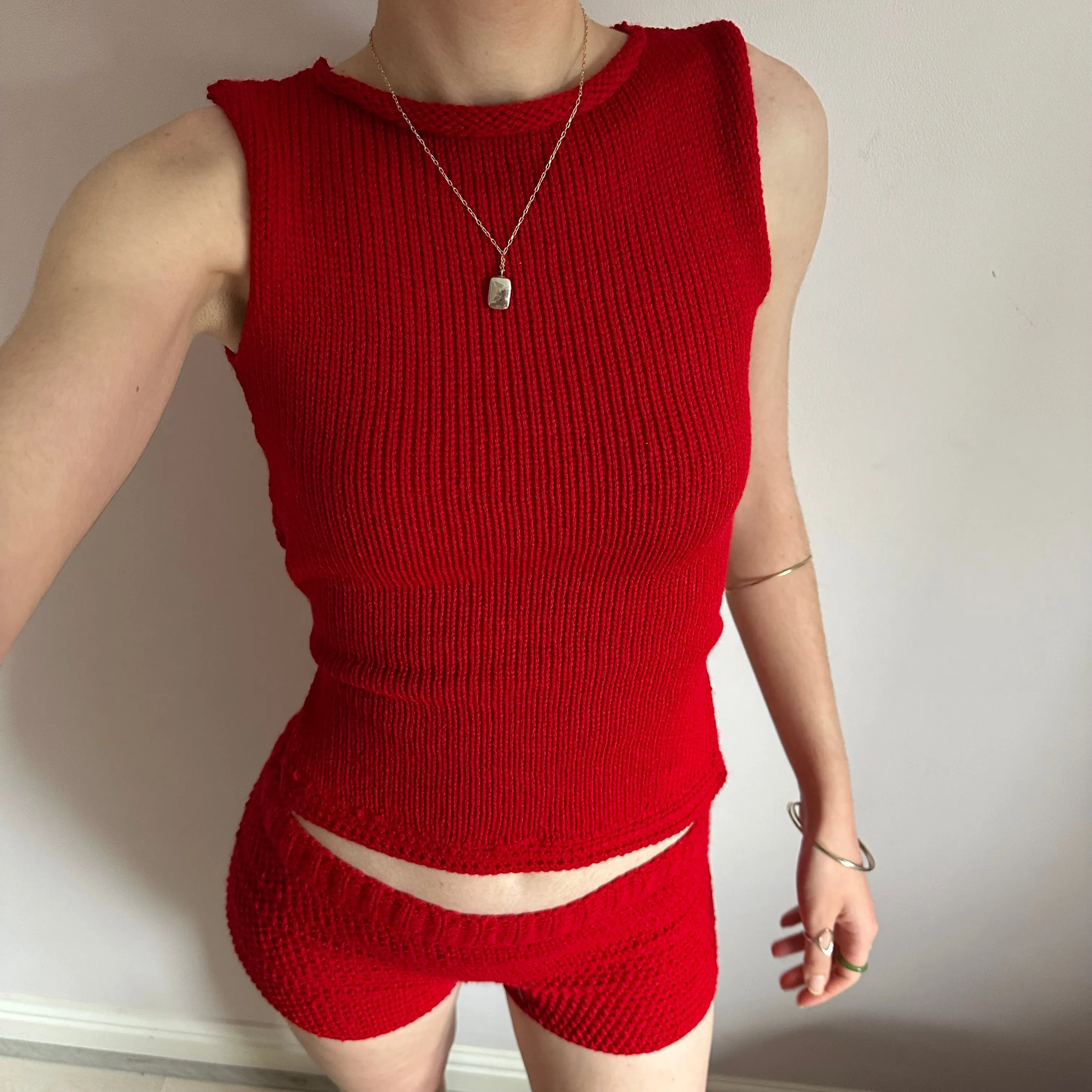 The Red Set - matching crochet shorts and bow tie up knit vest top