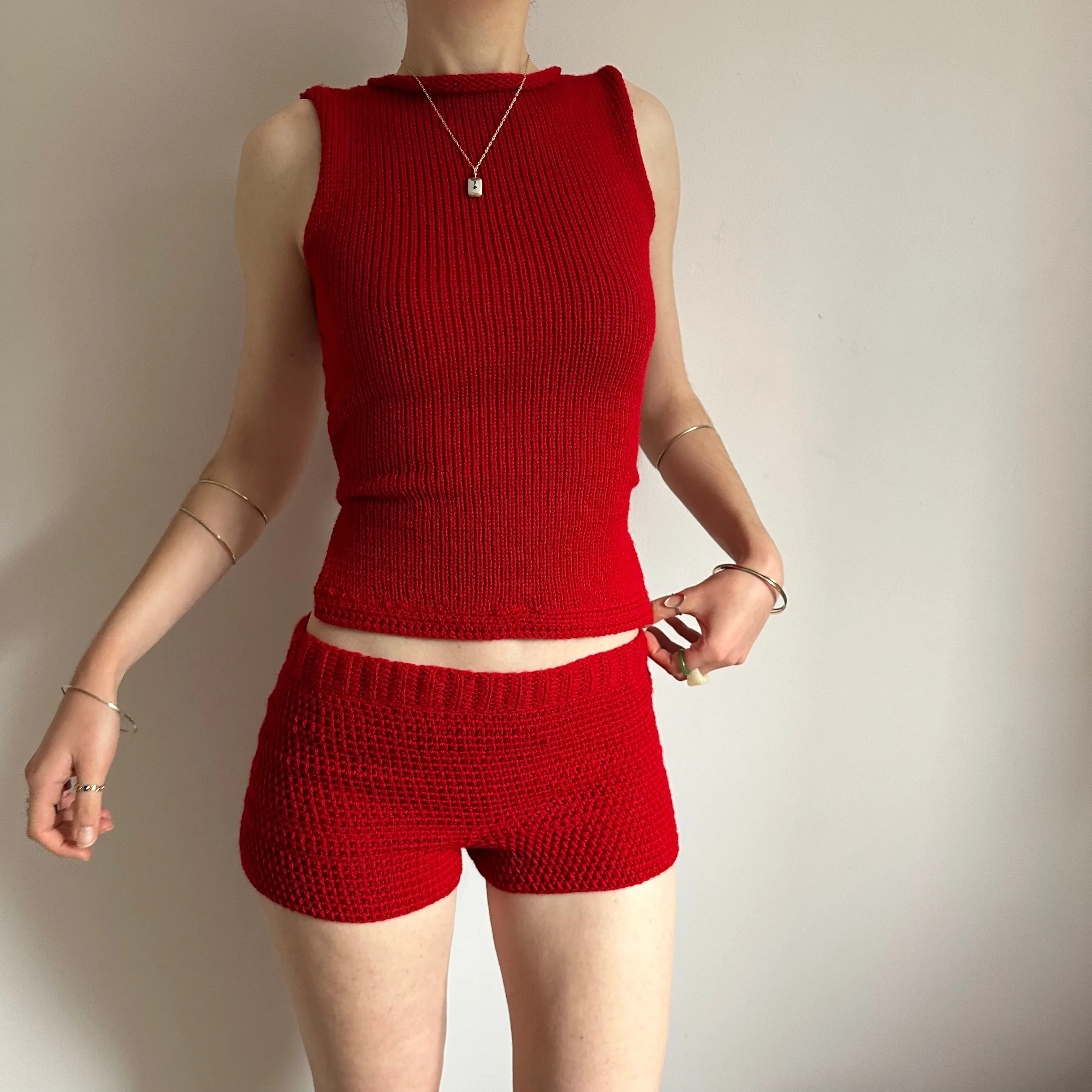 The Red Set - matching crochet shorts and bow tie up knit vest top