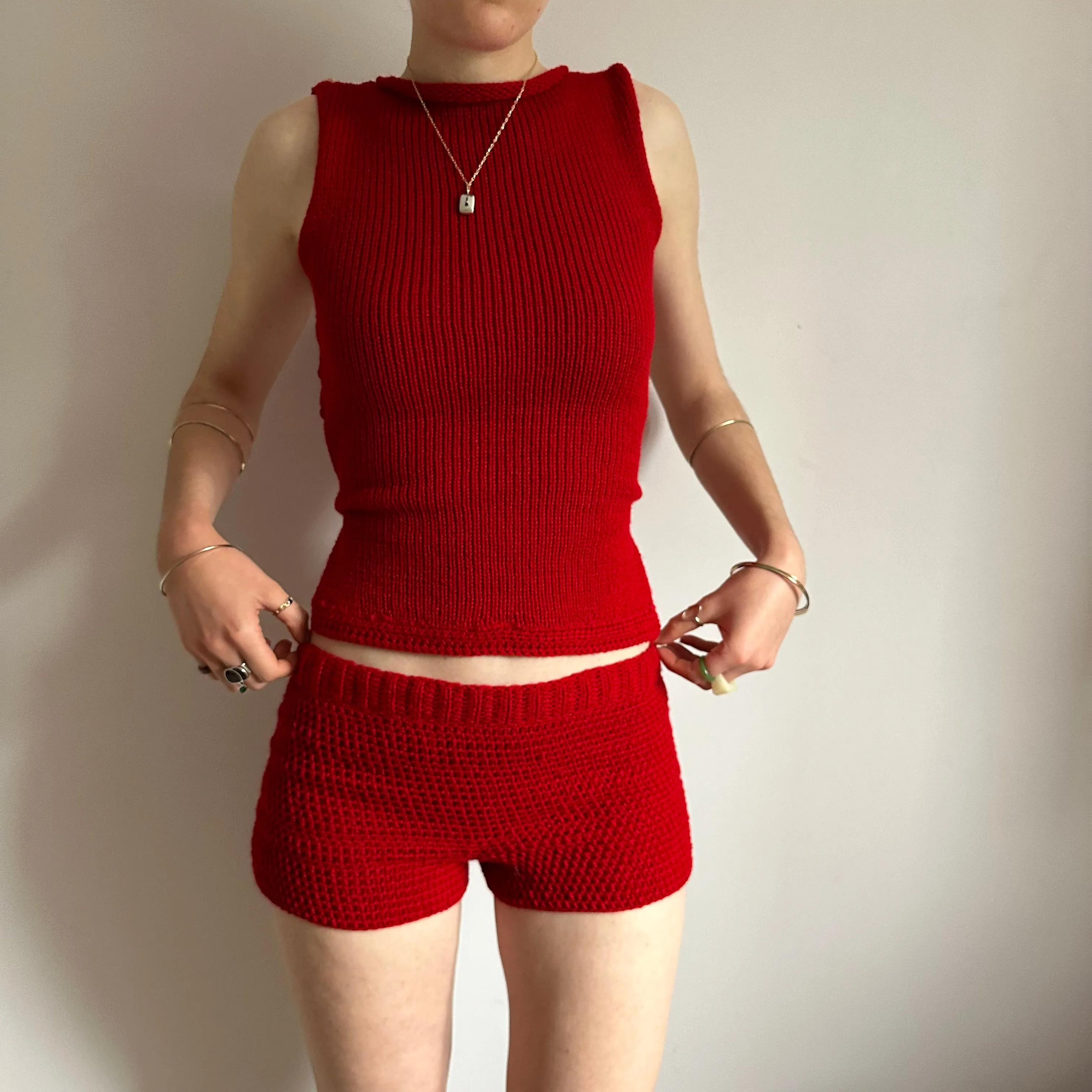 The Red Set - matching crochet shorts and bow tie up knit vest top