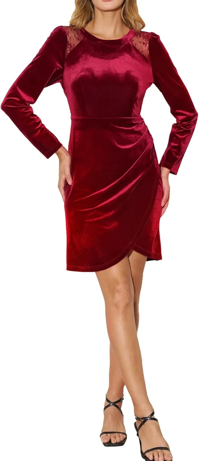 Velvet Wrap Mini Dress for Fall Lace Long Sleeve Short Dress Semi Formal Sexy Cocktail Party Winter Club Dress