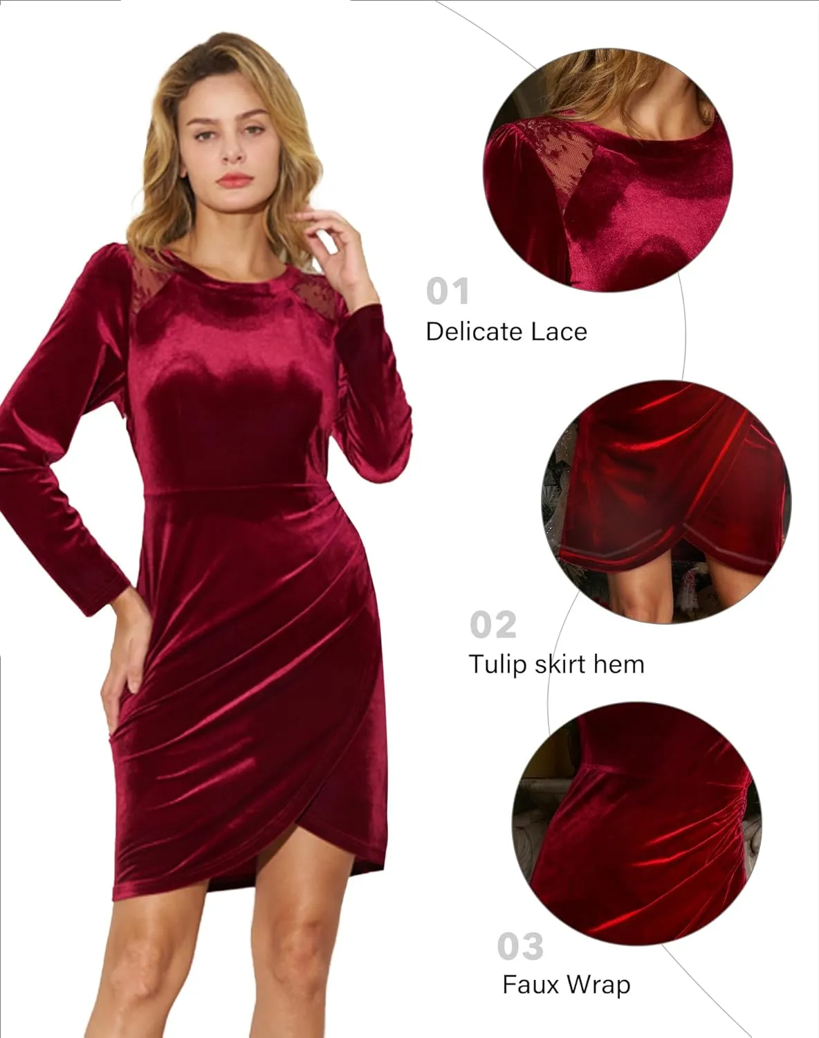 Velvet Wrap Mini Dress for Fall Lace Long Sleeve Short Dress Semi Formal Sexy Cocktail Party Winter Club Dress