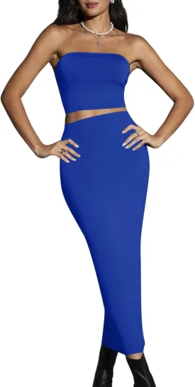 Verdusa Women's 2 Piece Outfits Sleeveless Crop Tube Top and Maxi Pencil Long Skirt Set