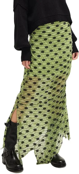 Women Fairy Floral Mesh Maxi Skirt Elastic Mid Waist Asymmetrical Ruffle Hem Long Skirt Bodycon Ruched Boho Skirts