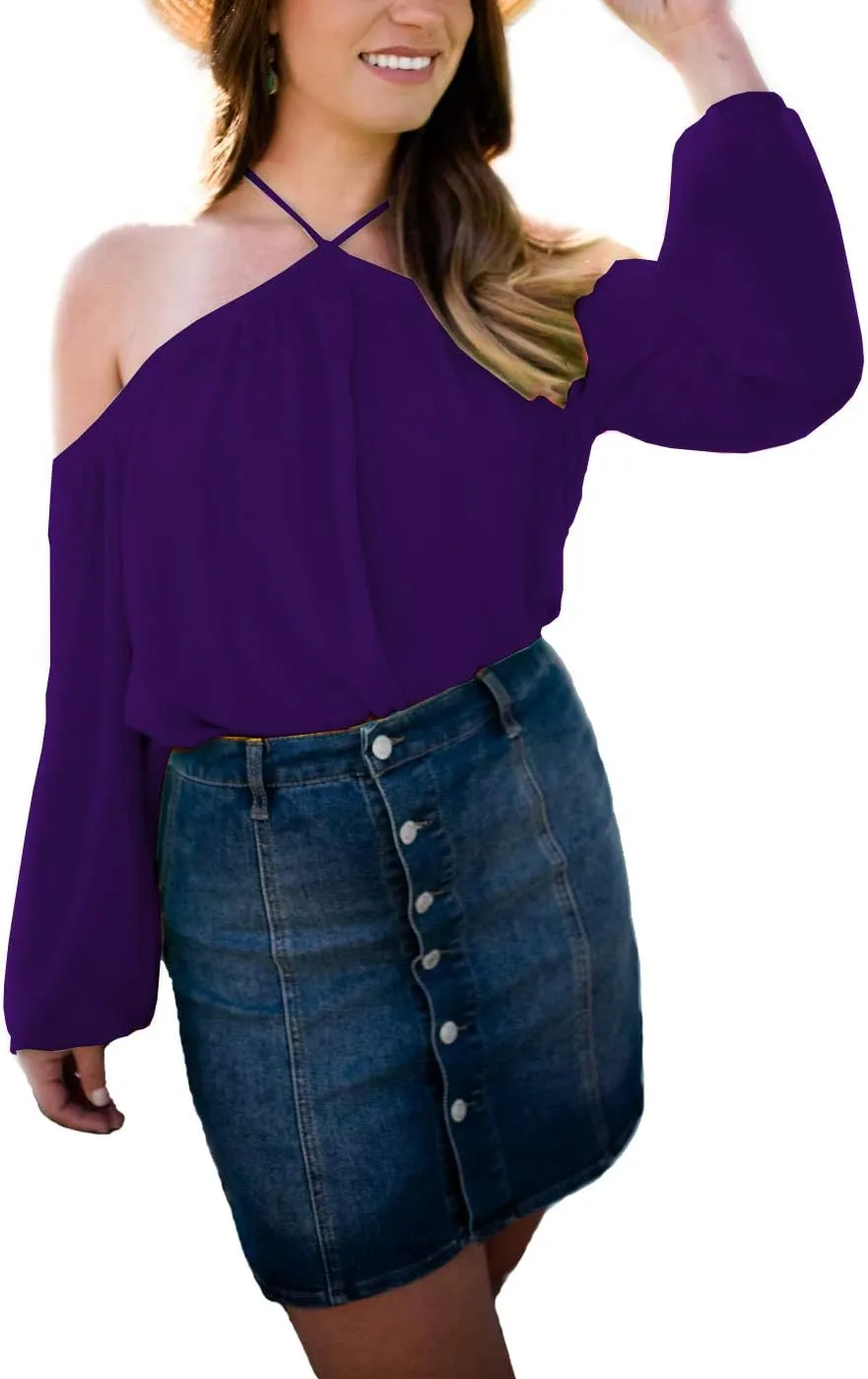 Women's Spaghetti Halter Off The Shoulder Blouse Long Sleeve Shirt Tops